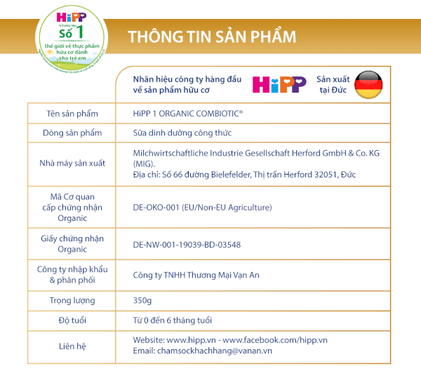 Thông tin sản phẩm Sữa HiPP Organic Combiotic số 1