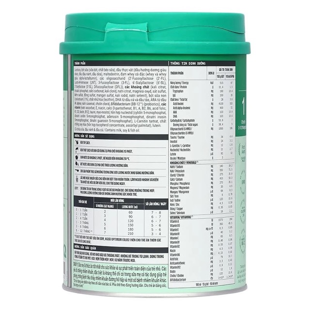 Thông tin dinh dưỡng của sữa Optimum Colos số 1