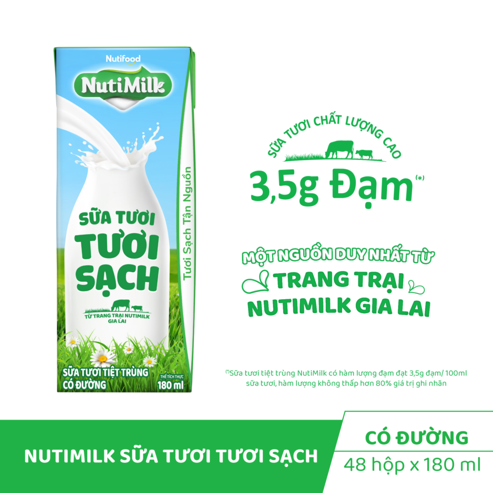 Sữa Tươi Tươi Sạch NutiMilk Có Đường hộp 180ml