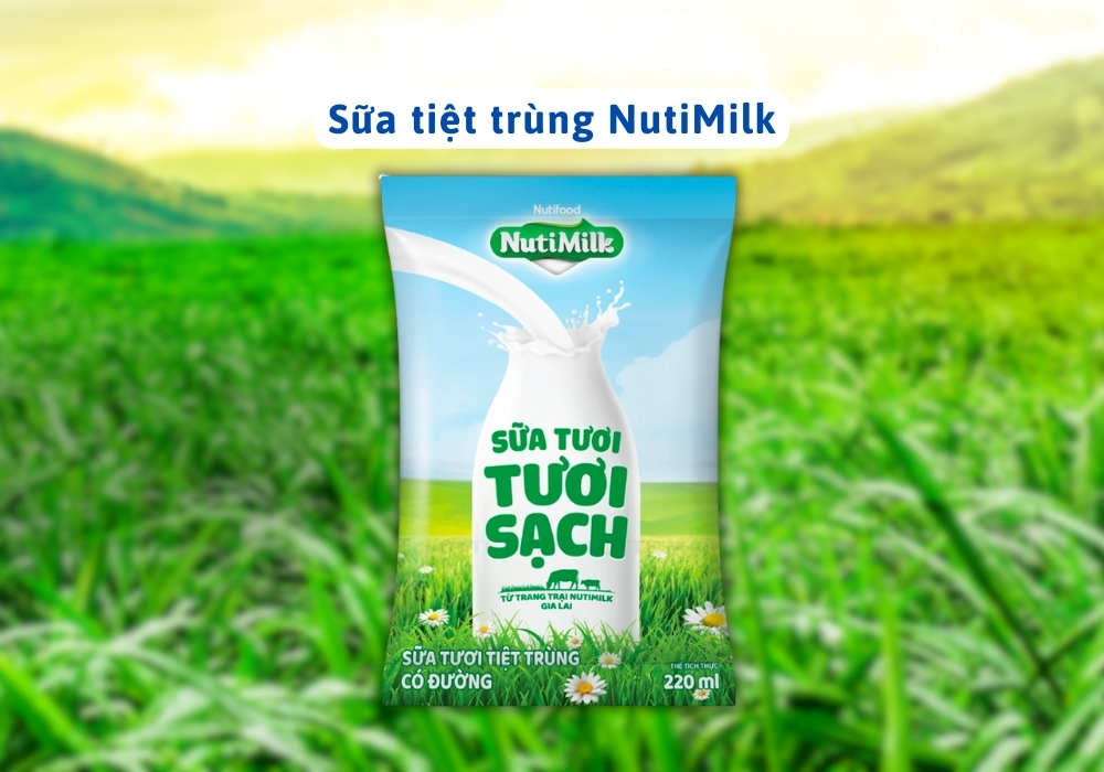 Sữa tiệt trùng NutiMilk cung cấp dinh dưỡng cân đối với protein, canxi và vitamin thiết yếu, hỗ trợ phát triển chiều cao, xương chắc khỏe và tăng cường miễn dịch.