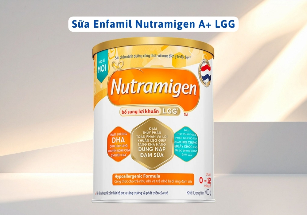 Nutramigen A+ LGG dành cho bé dị ứng đạm bò, giúp bé hấp thu an toàn và phát triển trí não.