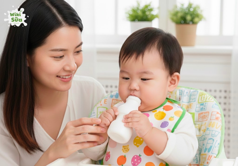 Cho bé 1 tuổi dùng sữa chua uống đúng cách sẽ mang lại lợi ích cho hệ tiêu hóa.