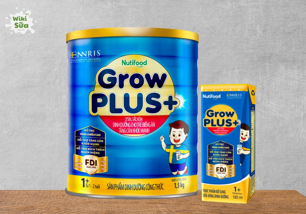 Sữa Nutifood Grow Plus xanh dạng bột với quy cách đóng gói bằng hộp thiếc và hộp giấy