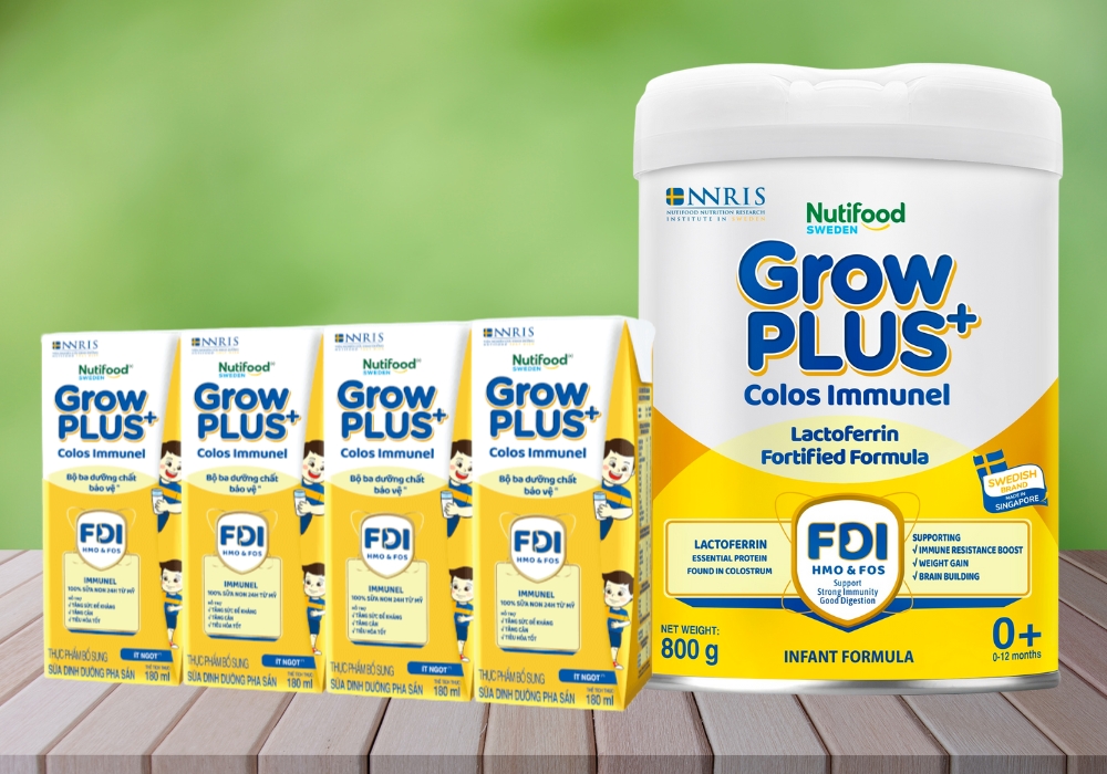 Sữa non Nutifood GrowPLUS+ Colos Immunel giúp tăng miễn dịch, cân bằng tiêu hóa, bổ sung 3 dưỡng chất thiết yếu cho sự phát triển của trẻ