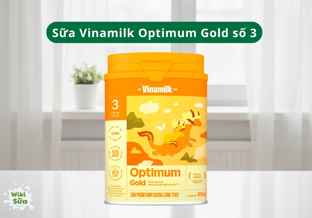 Vinamilk Optimum Gold số 3 với công thức cân đối hỗ trợ tiêu hóa tốt, miễn dịch khỏe mạnh cho bé giai đoạn 12–24 tháng.