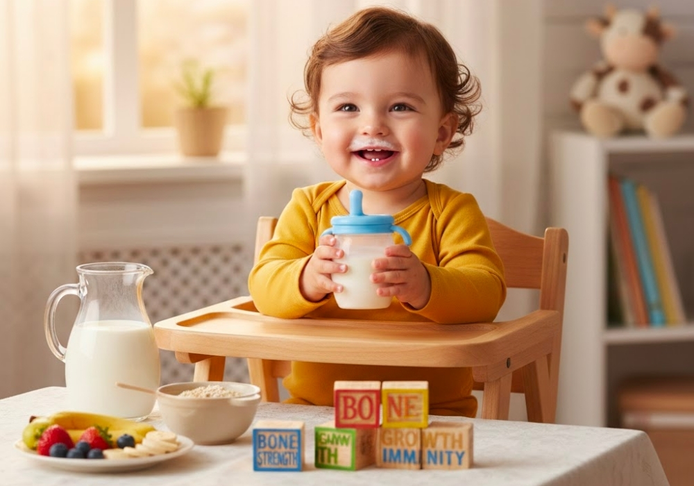 Sữa tươi cho bé 1 tuổi giúp bổ sung dưỡng chất, giúp tăng cân, phát triển chiều cao và trí não toàn diện.