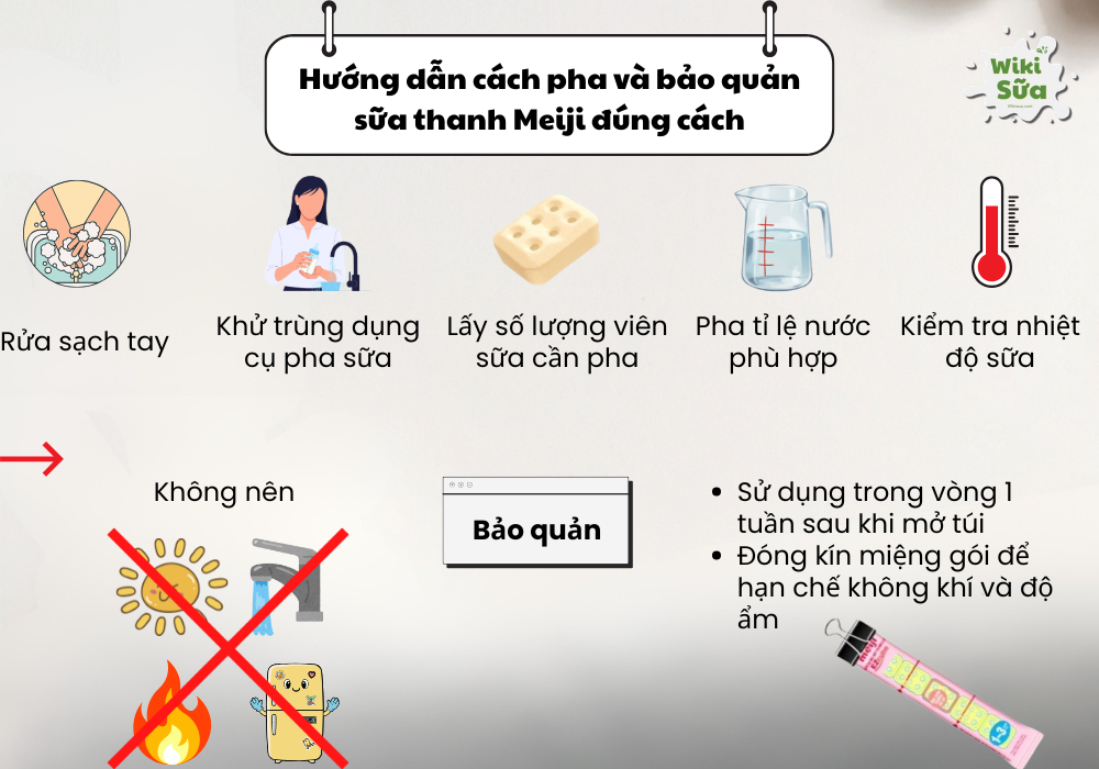 Pha và bảo quản sữa thanh Meiji đúng cách giúp bé hấp thụ đầy đủ chất dinh dưỡng, tránh rối loạn tiêu hóa.