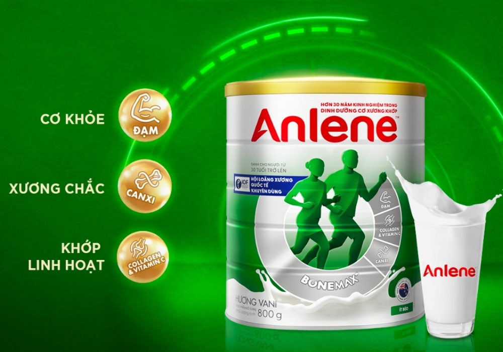 Sữa Anlene với công thức dinh dưỡng chuyên biệt cho hệ vận động có hàm lượng cao Canxi, Collagen, Magie, Kẽm, Protein, Vitamin.