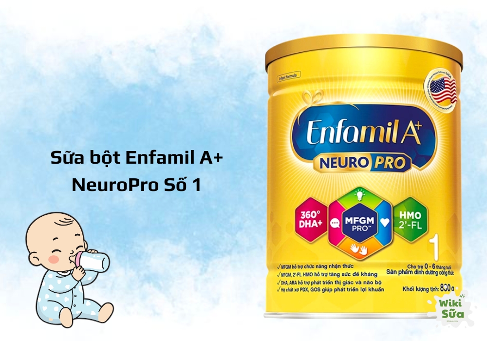 Sữa bột Enfamil A+ NeuroPro Số 1 dành cho trẻ sơ sinh từ 0–6 tháng tuổi.