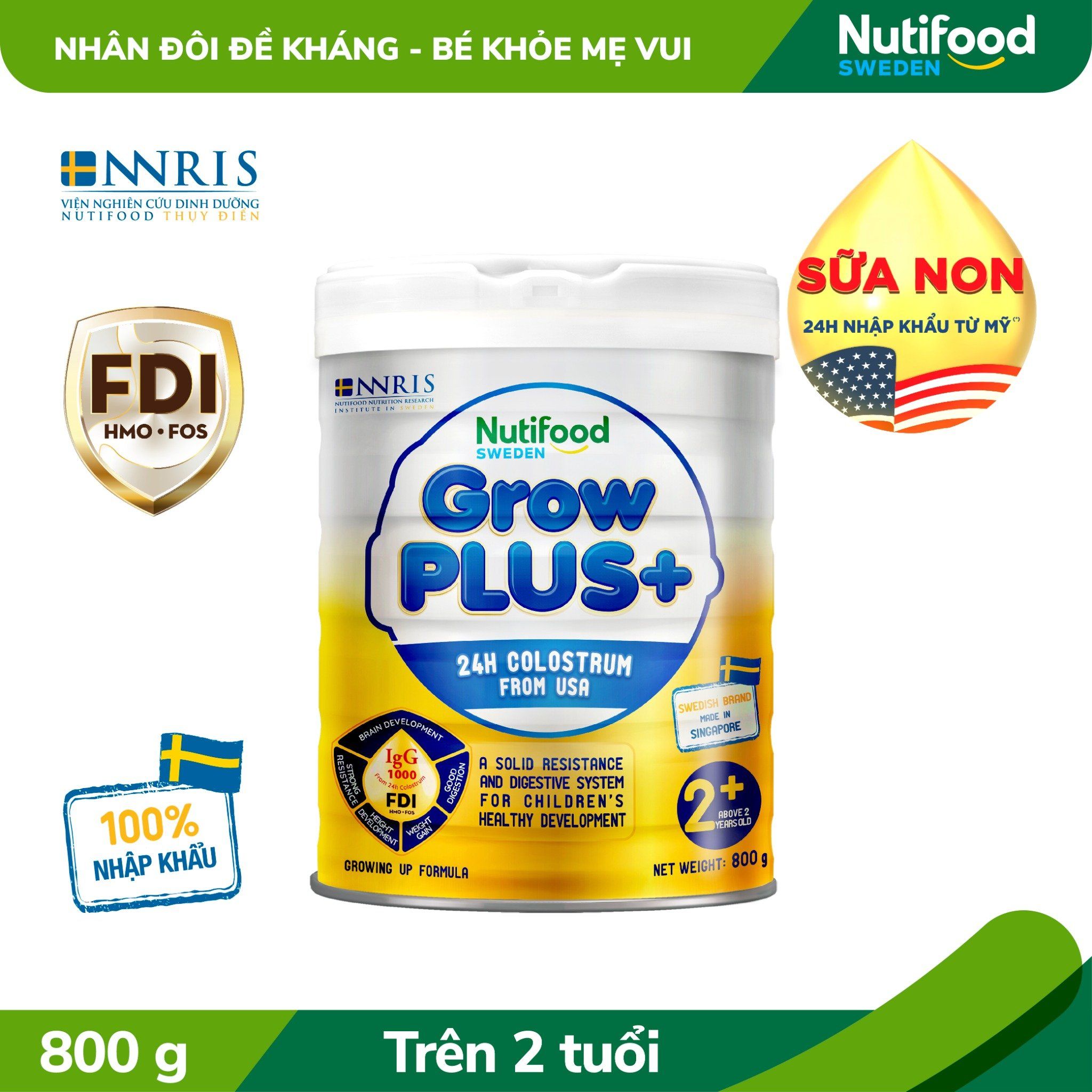 Sữa bột Nutifood GrowPLUS+ Sữa Non Vàng trên 2 tuổi lon 800g.