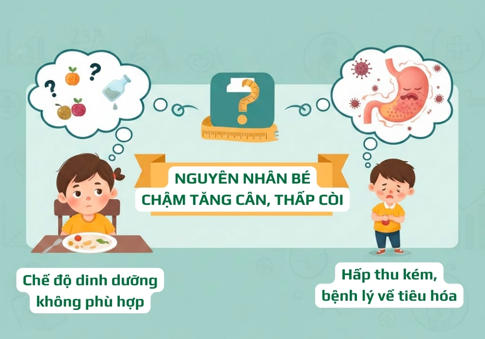 Nguyên nhân chính khiến bé chậm tăng cân và thấp còi bao gồm: chế độ ăn thiếu dưỡng chất, biếng ăn, kém hấp thu và cách chăm sóc sai lầm,...